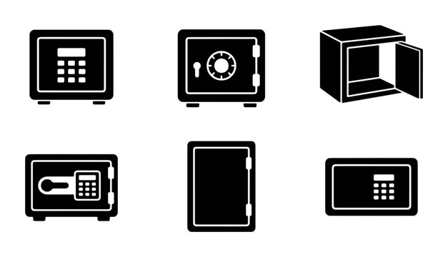 Set of 6 Black Security Safes, Vector Icons: Digital Lock, Dial Lock, Open Safe, Closed Safe, Money Box