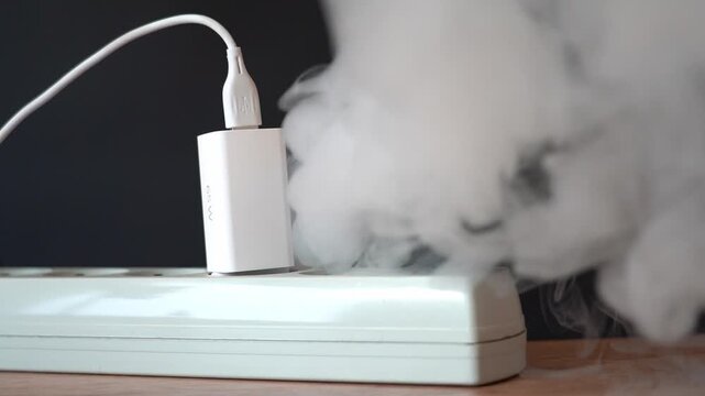 White charger plugged into power strip. Visible steam rises from device. Overheating electrical issue shown. Use for tech safety warnings or power problems