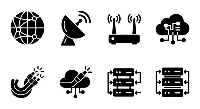 Network Technology Icons: Global Connection, Satellite, Router, Cloud, Fiber Optics, Servers