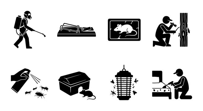 Pest Control Icons Set: Extermination, Traps, Insecticides, Rodent Control, Vector Graphics