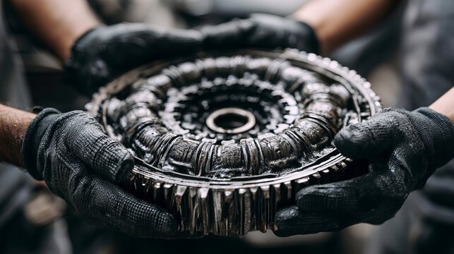 Close-up of a mechanic's gloved hands holding a used car clutch disc, showcasing automotive repair and maintenance expertise