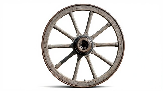 Detailed illustration shows antique wooden wheel isolated on white. Rustic cart component features aged wood texture. Classic design evokes history transport movement craftsmanship. Perfect for