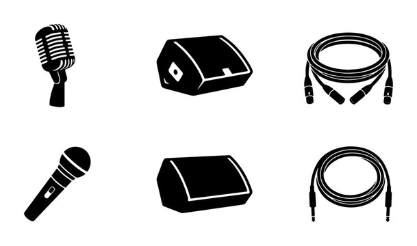 Retro Microphone, Stage Monitor Speakers, and Audio Cables Icon Set: Music Gear Vector Graphics
