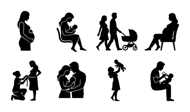 Family Life Silhouettes: Pregnancy, Newborn, Parents, Children, Stroller, 8 Vector Icons