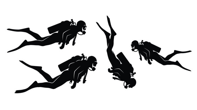 Professional vector illustration featuring multiple black silhouettes of scuba divers swimming in various underwater poses