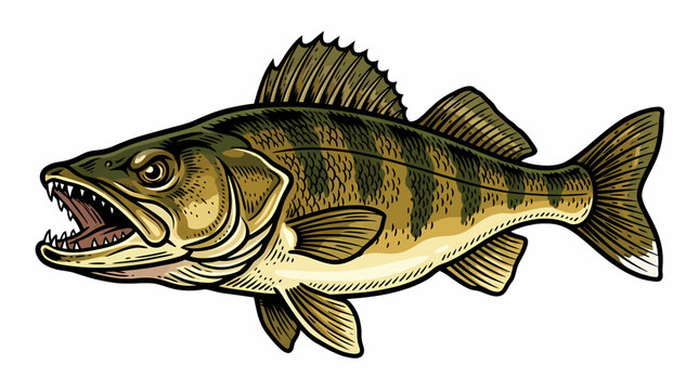 Detailed vector illustration of a walleye fish isolated on a white background