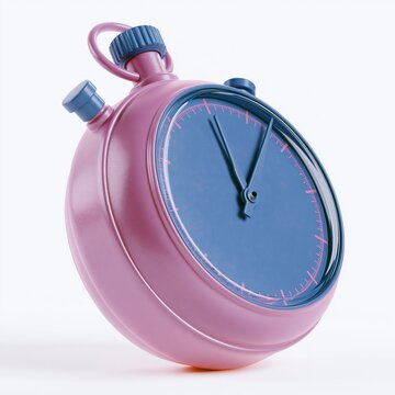 Retro stopwatch with pink casing and blue dial on a white background