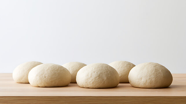 Fresh Pizza Dough Balls Ready for Baking on a Warm Wooden Surface, Simple Setting with Copy Space, Perfect Rise and Texture