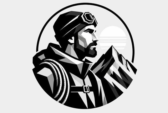Bearded hiker with goggles in circular mountain frame.