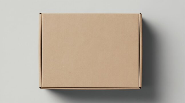 Top view of a closed kraft paper box. The simple square container sits on a plain light grey surface with soft shadow. This packaging is perfect for branding mockups and e-commerce.