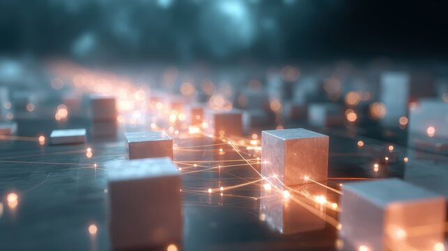 Digital Cityscape: An abstract representation of a futuristic digital city, with glowing connections linking illuminated cubical structures, suggesting a network of data and technology.