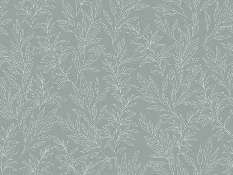 Seamless grey floral background of leaves. Botanical clip art. Leaves branches sketch. Vector  Line drawn leaves .Vector  floral grey and white decor.
