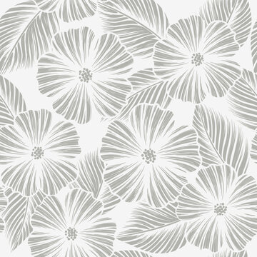 seamless white and grey abstract background. Vector grey summer tropical flowers