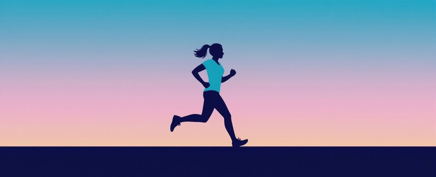 Woman jogs in teal shirt against beautiful sunrise sky with pink and blue gradient. Minimalist silhouette conveys energy, fitness, and morning activity.