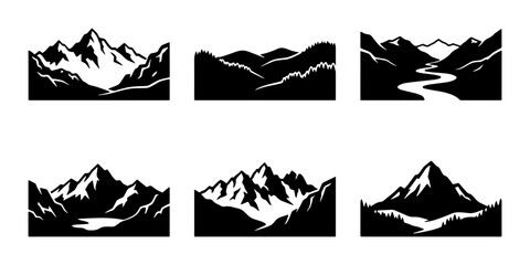 Mountain Landscape Silhouettes, Vector Graphics Set: Rugged Peaks, Rivers, and Valleys for Outdoor Themes © Md