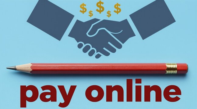 Red pencil points to text pay online. Graphic shows handshake with dollar signs above. Represents digital transactions and financial agreements.