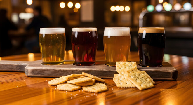 Craft beer flight tasting on a wooden paddle with crackers. Assortment of light and dark draft beers in a pub