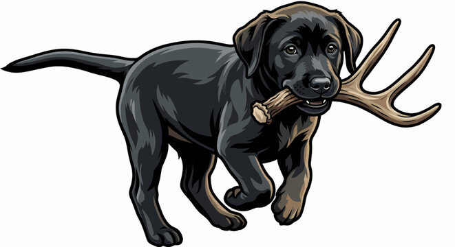 black labrador  holding a deer antler in its mouth
