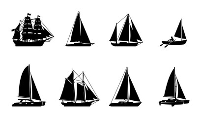 Diverse Sailboat Silhouettes Collection: Nautical Vessels, Sailing Craft, Maritime Transport, Vector Icons © Jamal