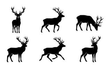 Naklejka premium Deer Silhouettes Collection: Majestic Wildlife Icons, Elegant Forest Animal Poses, Vector Graphics for Nature Design