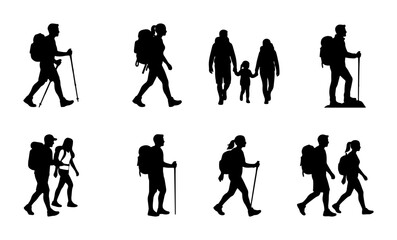 Naklejka premium Hiking Silhouettes Collection: Trekking Figures, Backpackers, Family Adventure, Outdoor Activity Icons