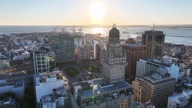 Montevideo Skyline In Montevideo Maldonado Uruguay. Aerial View Of A Bustling City With High-Rise Buildings And Traffic. Sunset Golden Hour Skyline. Downtown Cityscape. Montevideo Maldonado.