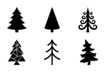 Obraz premium Six Black Christmas Tree Icons, Festive Winter Holiday Vector Graphics, Simple Evergreen Silhouette Set