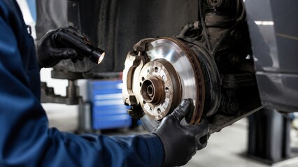 A mechanic in gloves uses a flashlight to inspect a vehicle brake disc assembly. Professional auto maintenance and safety check in a garage. Useful for automotive service websites.