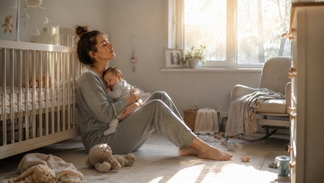 Exhausted young mother sits on the nursery floor holding her sleeping infant. The scene captures a moment of quiet bonding and postpartum fatigue. Ideal for parenting and wellness content.