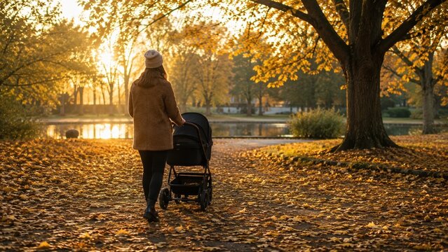 A woman pushes a black baby stroller through a golden autumn park during sunset. The scene is peaceful and warm. Ideal for parenting, lifestyle, and seasonal themes.