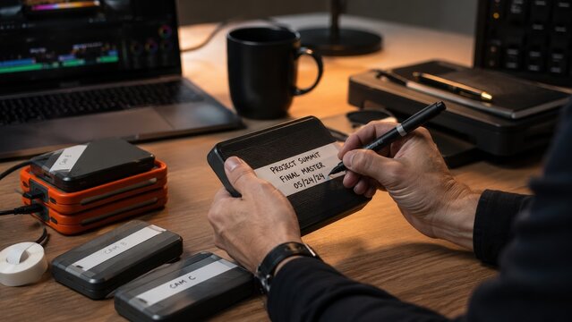 Editor labeling external hard drive on desk. Professional post-production workflow and data management. Use for tech or filmmaking content.