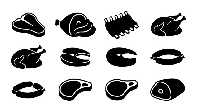 12 Black and White Meat Icons Vector Set: Steak, Ribs, Chicken, Sausage, Fish, Ham