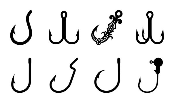 Fishing Hooks Collection: Various Styles, Single and Treble, Vector Icons for Angling and Tackle Design