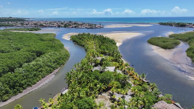Buranhem River In Porto Seguro Bahia Brazil. Tropical River With A Scenic Forest Trees Viewed From Above. Tropical Skyline. Seaside Beach. Porto Seguro Bahia.