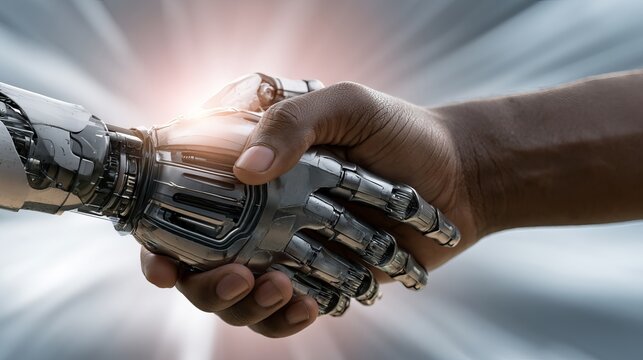 A symbolic handshake between a human and a robotic hand, representing collaboration, artificial intelligence, and future technology advancements