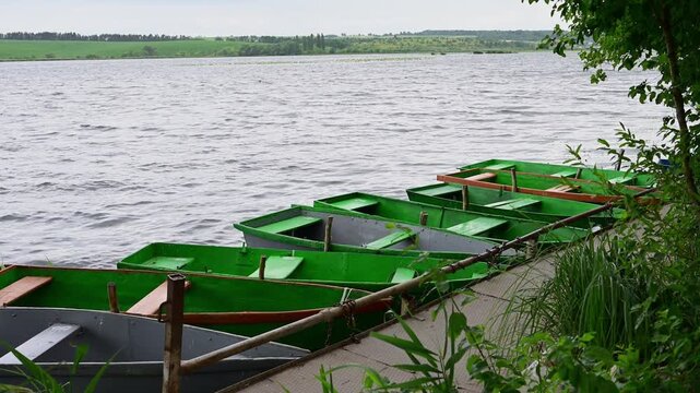 A row of empty green rowboats gently bobs on the choppy water of a lake, moored securely to a dock alongside a grassy bank on a breezy, overcast day.