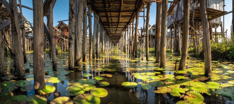 Wooden stilt houses above water with lily pads and reflections in tranquil lake setting