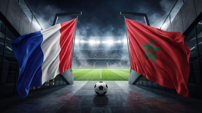 Soccer ball on the ground between France and Morocco flags at the entrance of a large stadium