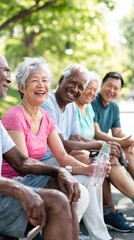 Obraz premium Group of diverse senior adults enjoying time together on a park bench with greenery in the background