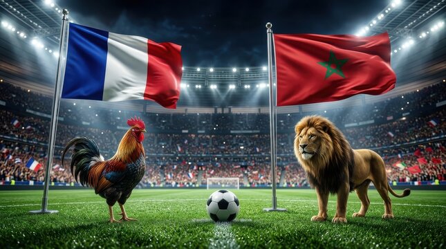 France and Morocco flags with a rooster and a lion on a soccer field in a crowded sports stadium