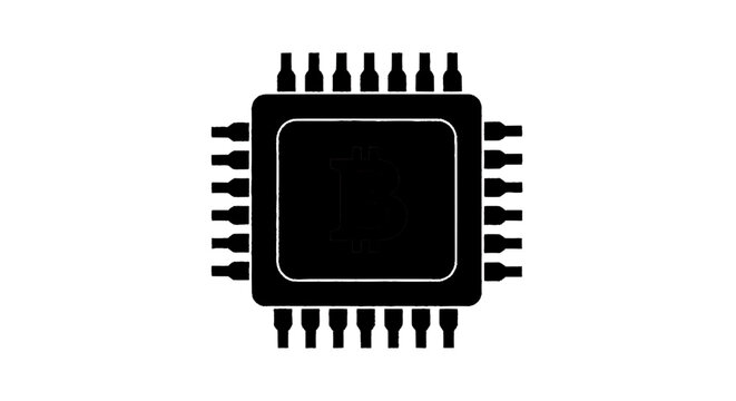 Minimal black silhouette icon, simple flat vector, bold black shape, no gradients, no shading bitcoin mining chip icon or microprocessor with bitcoin symbol on a, flat icon style