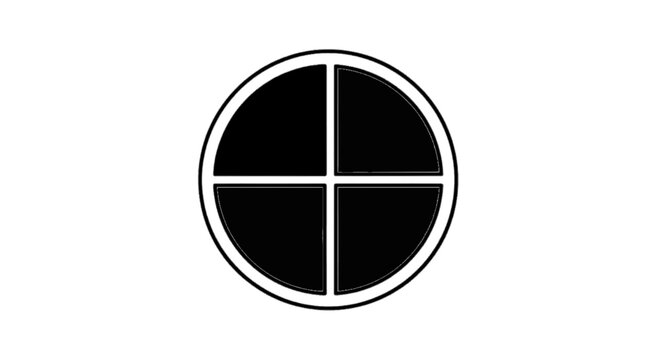 Minimal black silhouette icon, simple flat vector, bold black shape, no gradients, no shading black and white circular icon divided into four equal quadrants on a, flat icon style