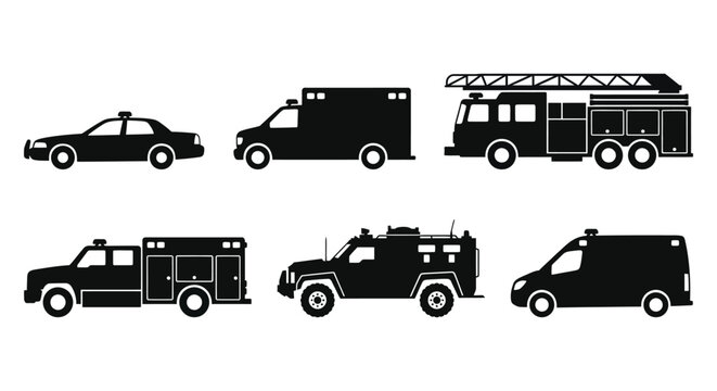 Emergency vehicle silhouettes on a white background
