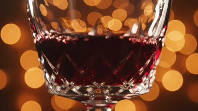 Close up of a crystal glass filled with red wine against a background of blurred golden lights in a warm, inviting setting.