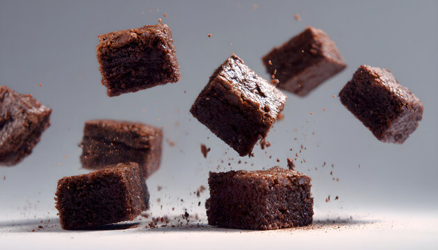 Rich fudgy brownies raining down on white seamless backdrop in cinematic slow motion. bake sale fundraisers, school lunch content, party dessert tables