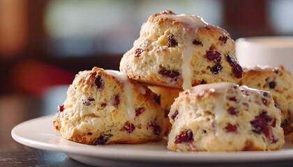 Fototapeta premium Crumbly fruit-studded scones streaming down on white tabletop in mesmerizing slow motion. english tea time content, coffee shop social, brunch menu reels.