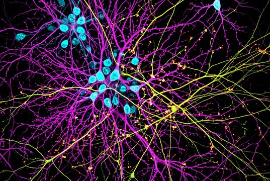 Photorealistic confocal fluorescence microscopy of brain neurons. Vivid neon cyan, magenta and yellow-green cells with glowing synaptic connections on a dark background. Scientific art visualization.