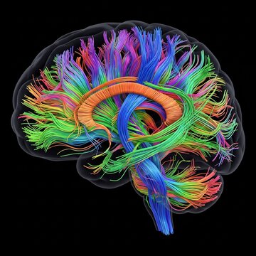 Photorealistic MRI diffusion tensor tractography of brain white matter fiber tracts. Rainbow colored pathways with blue corticospinal tract and orange corpus callosum on dark background. Fine art.