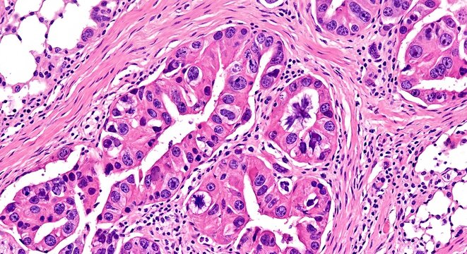 Photorealistic lung adenocarcinoma histology slide with H&E stain. Microscopic view of malignant glandular structures, nuclear pleomorphism, and abnormal mitotic figures at 40x magnification.