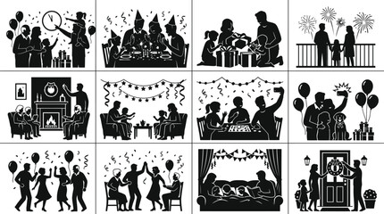 Fototapeta premium New Year Celebration Party Silhouette Scene Collection Vector Bundle